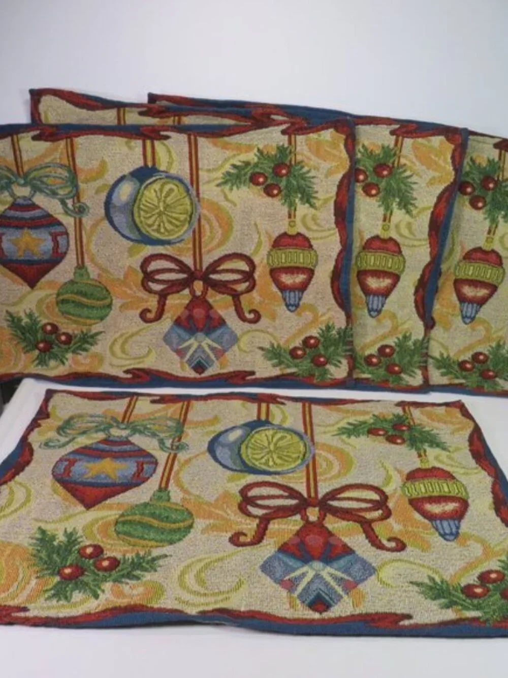 Jewel Tone Christmas Ornament Woven Tapestry (4) Placemats Holiday Cottagecore
